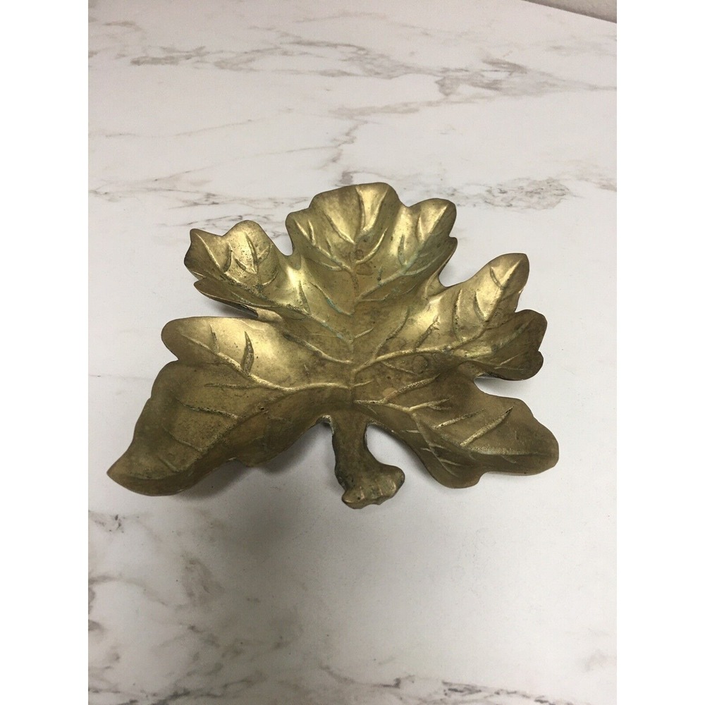 Vintage Heavy Solid Brass Footed Leaf Tray Coin Jewelry Trinket Dish
